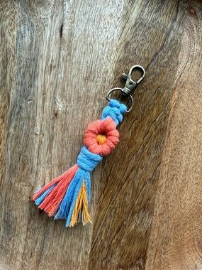 Macrame Boho Daisy Keychain, Pink/ Coral Yellow, Blue, Flower, Handmade